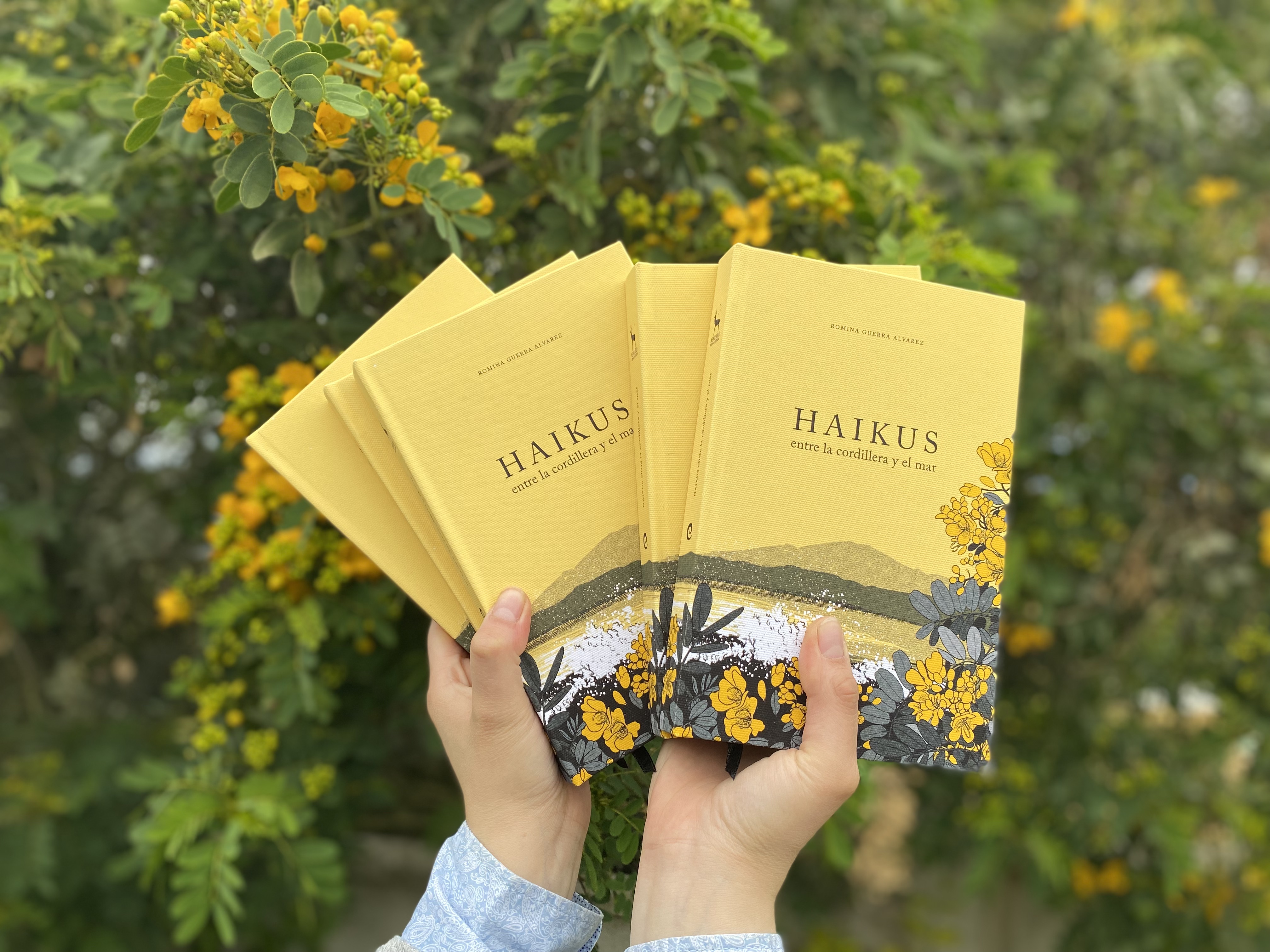 Páginas interiores del libro con haiku e ilustración a doble página